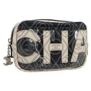 CHANEL Camelia Pouch PVC Black Silver CC Auth 159324V